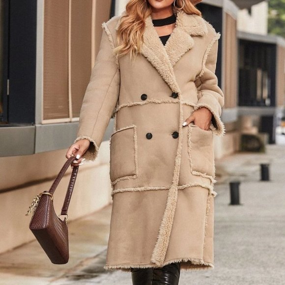 MODA ME COUTURE Jackets & Blazers - MODERN CHiC KHAKI DOUBLE BREASTED FAUX SUEDE TEDDY COAT